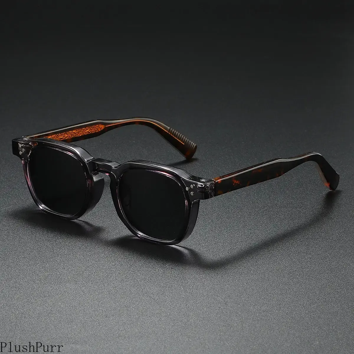 Vintage Square-Frame Sports Sunglasses, Casual, Modern Trendy, Transparent Gray Acetate Frame, Tortoise-Engraved Temples, Black UV Protection Lenses, Trendy Square for Sports & Outdoor Use, tiktokshopspringglowup, Casual Sunglasses, Modern Trendy Sunglass