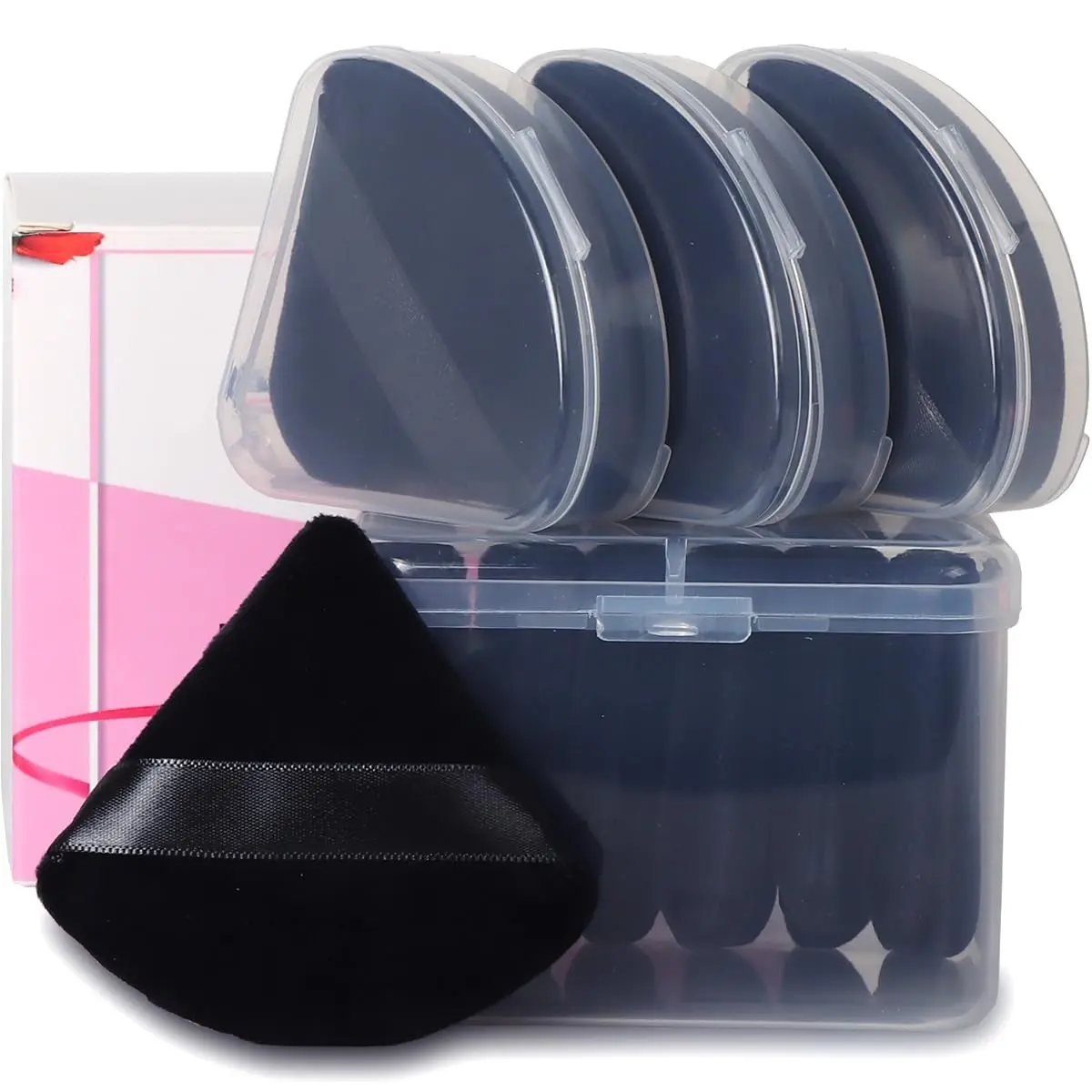 10Pcs Triangle Powder Puffs, Soft Velour Cosmetics Makeup Tool for Face Baking & Setting Powder, Triangular Beauty Applicator Pads with Black Case