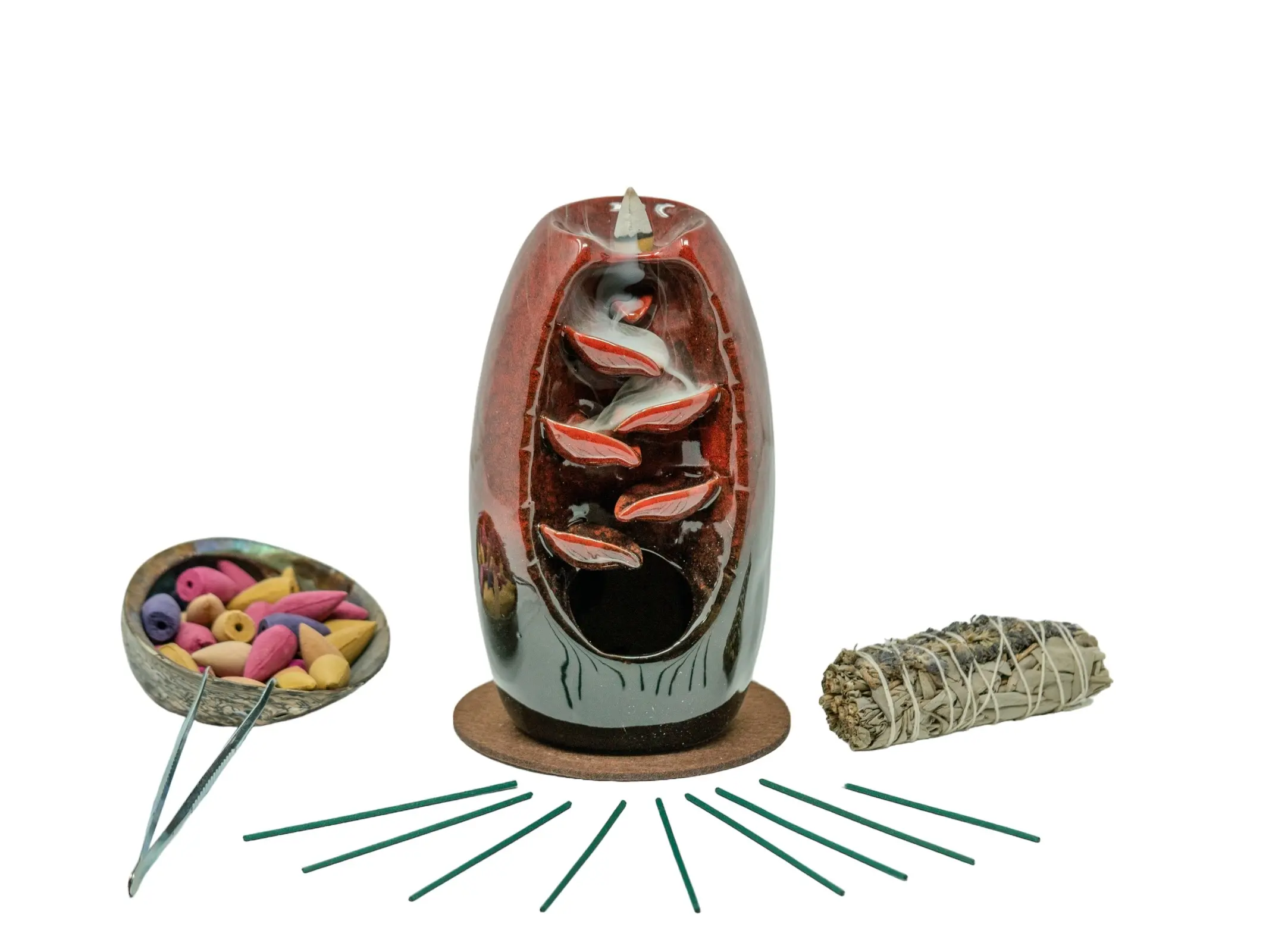 Red Ceramic Backflow Incense Waterfall Burner with Mixed Incense Cones, Incense Sticks, FREE Organic Sage| Gift | Home Decor | Aromatherapy Scented Scent Fragrance Perfume Freshener