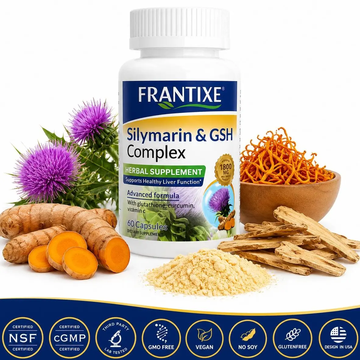 Liver Support Silymarin & GSH, with 80% milk thistle, turmeric, glutathione, cordyceps, and vitamin C —60 herbal capsules, joint supplement, liver cleansing & detoxification, healthy hormonal balance, dietary healthcare