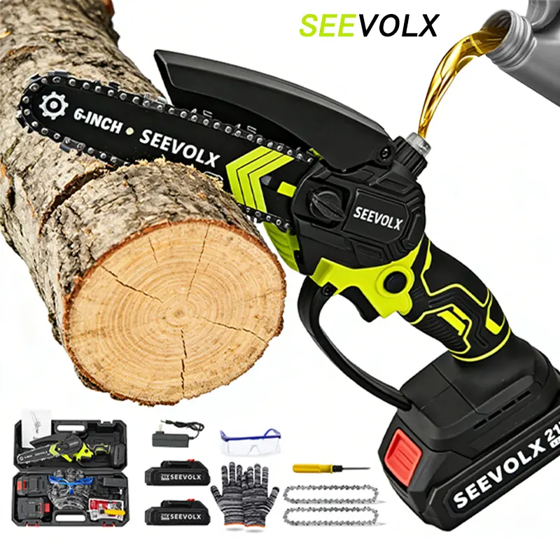 【DealsForYouDays】SEEVOLX 6-Inch Brushless Mini Chainsaw with Automatic Oiling System, Portable Cordless Electric Chain Saw for Wood Cutting, Pruning, Gardening & Camping, 2000mAh Battery Included, Suitable for Seniors & Women