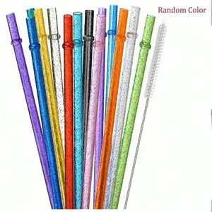 Reusable Clear Straws, 12pcs/set Glitter Straws with Cleaning Brush, Tumbler Drinking Straws for 20oz 30oz Stanley, Yeti/Rtic, Starbucks Cup