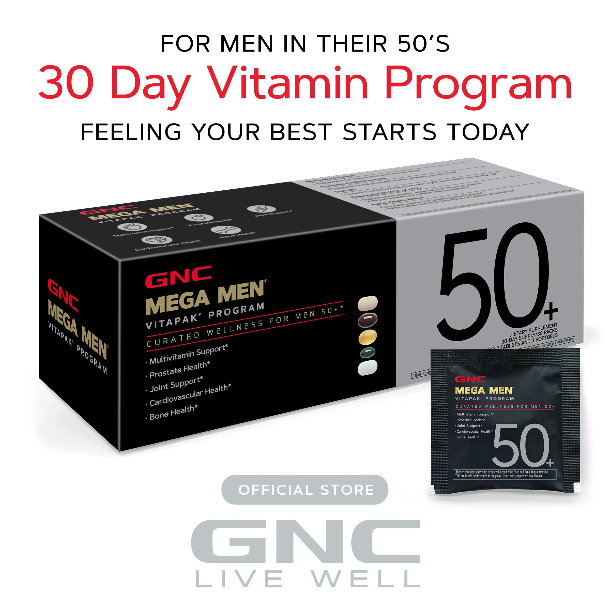 GNC Mega Men 50+ Vitapak, 5-in-1 Multivitamin Pack, Energy Production, Men's Hea...