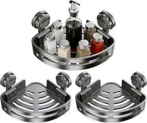 3-Pack Gun Gray ABS Triangular Suction Cup Shower Caddy 3-Tier Corner Shelves No Drilling Bathroom Organizer 40lbs Load Capacity Towels Hook Toiletries Storage Rack Wall Mounted Shelf Set