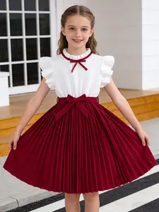 Girls' Flutter Sleeve Dress, College Style Bow Pleated Princess Dress, Summer Sweet Short Sleeve Party Dress for Children