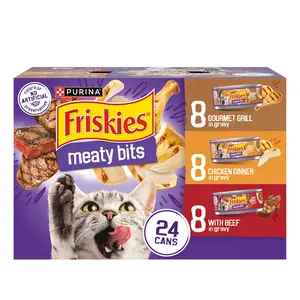 Purina Wet Cat Food Variety Pack Meaty Bits for Adult Cats With Gourmet Grill, Chicken Dinner, And Beef In Gravy, 5.5 oz (24 Pack)
