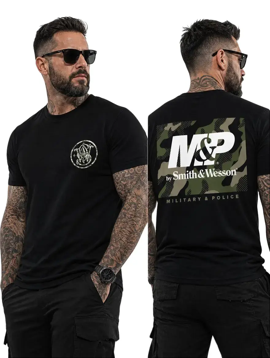 M&P Military And Police Tactical T Shirt Smith And Wesson Inspired Camouflage Graphic Tee Law Enforcement Supporter Apparel Veteran Shooting Range Outdoor Lifestyle Gift Cotton Menswear Soft Top Baggy Long