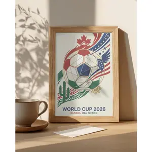 World Cup 2026 Art Print · Canada USA Mexico Soccer Poster · Vintage Geometric Football Wall Art Soccer Ball Art Print Red White And Blue With Canadian American And Mexican Flags Design For Home Decor