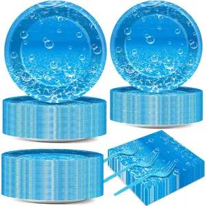 200PCS Ocean Sea Party Plates and Napkins Under the Sea Bubbles Themed Tableware Set for Ocean Party Decorations Dessert Plates Serve 50 Guests for Blue Baby Shower Birthday Favor Supplies