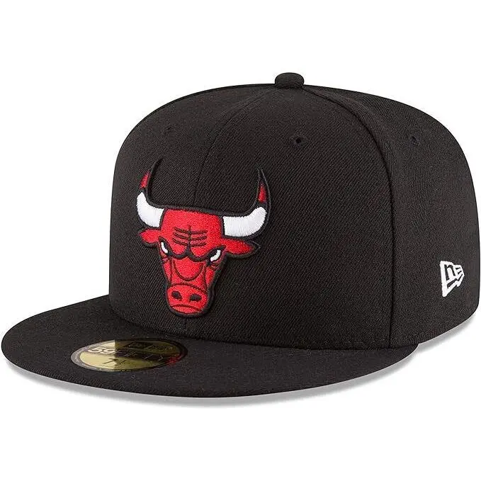 New Era Chicago Bulls Hat, 59FIFTY Fitted NBA Polyester Ball Cap with Raised Logo Embroidery in Black