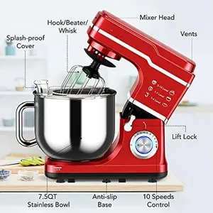 [HOT] Garvee 7.5 QT Professional Electric Stand Mixer - 660W 10-Speed Kitchen Mixer with Stainless Steel Bowl, LED Light, and Dishwasher-Safe Accessories - Red