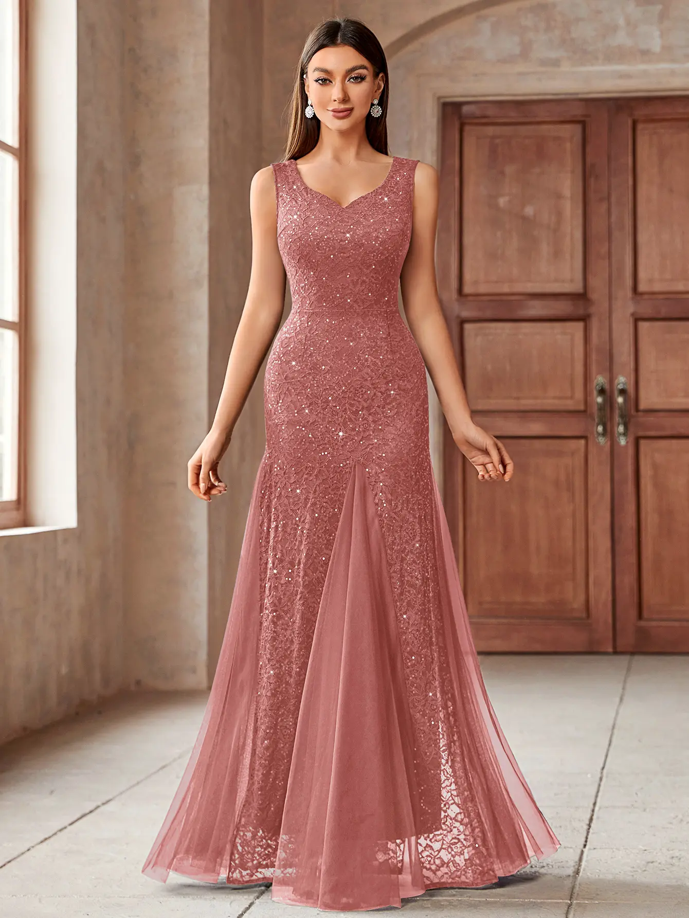 Miusol Women's Formal Sequin Lace Dress - Sleeveless, V-Neck, Tulle Mermaid Maxi, Chic, Sparkly, Zipper-Closure, Party Wear, Dress for Wedding Guest