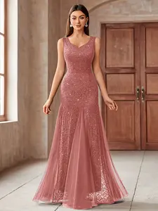 Miusol 23218 Women's Sequin Lace V Neck Tulle Mermaid Hem Evening Party Maxi Dress Chic Formal   Womenswear  Elegant Ball Gown