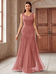 Miusol Women's Formal Dress - Sleeveless Sequin Lace V-Neck Tulle Mermaid Maxi, Chic, Sparkly, Zipper-Closure, Ideal for Prom, Wedding Guest, Elegant Evenings, Prom Dress