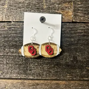 Oklahoma OU Sooners Football Earrings, engraved wood football earrings