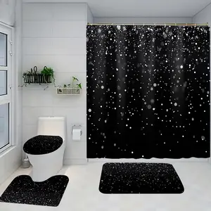 1/4 piece black starry design bathroom set, including soft floor mat, toilet seat cushion, shower curtain, creating elegant decoration, home decor, floor mat with good rebound, water absorption, anti slip, preferred for gift giving