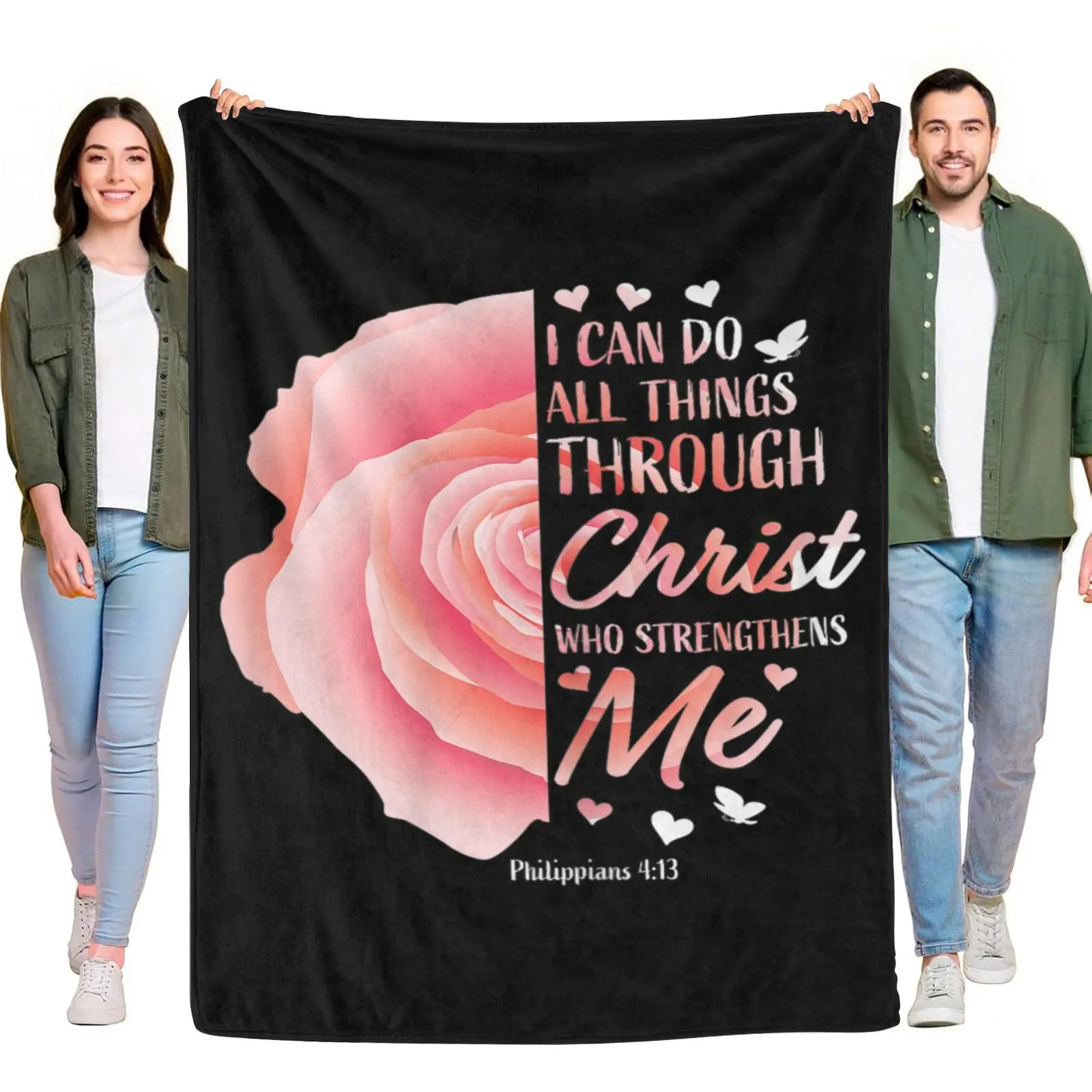Rectangular Flannel Throw Blanket, Christian Gift with Philippians 4:13 Bible Verse ("I Can Do All Things Through Christ Who Strengthens Me"), Pink Rose Religious Home Decor Blanket