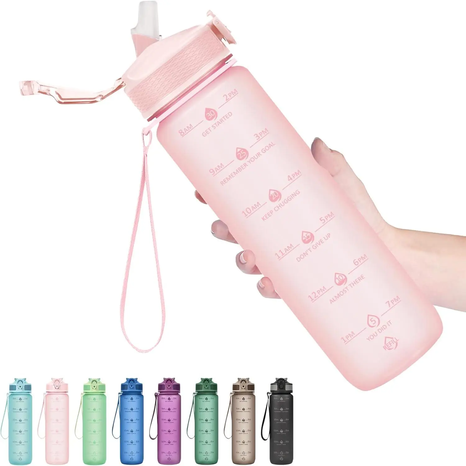 Sports Water Bottle 32oz, Motivational Gradient Plastic Hydration Tracker with Time Marker & Straw, Leak-Proof for Gym & Office, Bottled, Lightweight, Portable