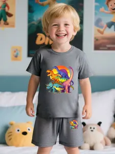 Boys' Round Neck Short Sleeve T-Shirt Sports Set, Cool Dinosaur Cartoon Print, Casual Fitted Shorts, Two-Piece Kids Clothing