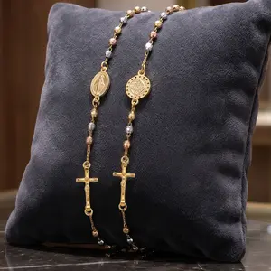 2Pcs Tri Color Bead Bracelets Set for Women Gold Plated Jesus Cross Charm Saint Medal Micro Zircon Layering Stackable Aesthetic Jewelry with 3D Floating Display Gift Box engagement anniversary party jewelry gift