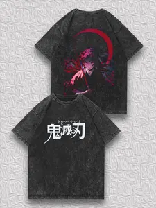 valentine shirts Men's Anime Distressed Reversible T-Shirt - Demon Slayer Red Moon Yoriichi Tsugikuni Theme, Double-Sided Distressed Texture, Niche Daily Versatile Short-Sleeve Top