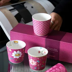 4Pcs Ceramic Tea Cup Set with Gift Box Luxury Pink Floral Porcelain Mug Assorted Patterns Handleless Coffee Cups Birthday Wedding Gift