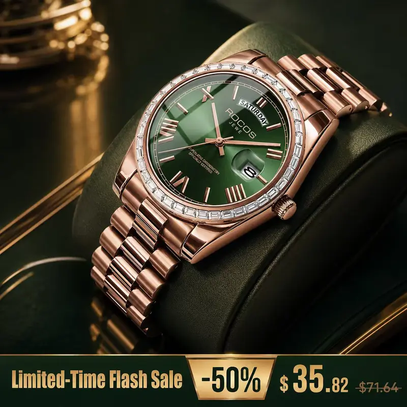 ROCOS JEWE Men's Stylish Luxury-Inspired Watch, Refined Round Face Analog Wristwatch with Dual Calendar Display, Sparkling Decorative Bezel and Polished Metal Band, Fashion Dress Watch for Modern Gentlemen, Dinner Dates, Formal Events and Work