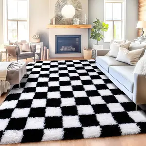 Fluffy Area Rug for Bedroom 5x7, Modern Indoor Shag Carpet, Soft Plush Non Slip Checkered Rugs for Living Room Kids Room Home Decor