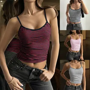 Women's Stripe Camisole T-Shirt Round Neck Short Sleeve Basic Shirt Top Blouse