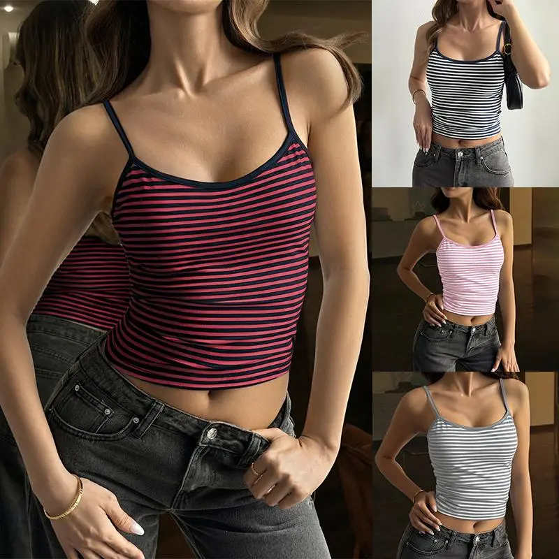 Women's Stripe Camisole T-Shirt Round Neck Short Sleeve Basic Shirt Top Blouse