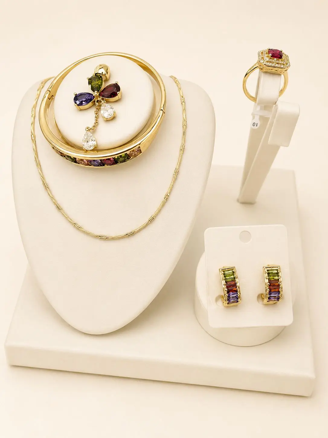 Luxury Rainbow Clover Jewelry Set for Women – Gold Plated Necklace, Earrings, Ring & Bracelet