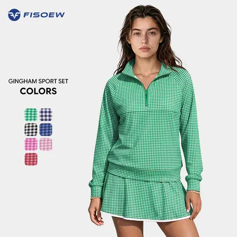Fisoew Women's Plus Size Preppy Plaid Raglan Half-Zip Cropped Long Sleeve Workout Top - Stretch Fabric Athletic Sweatshirt, Plaid Women's Clothing Sets for Tennis, Casual Fitness