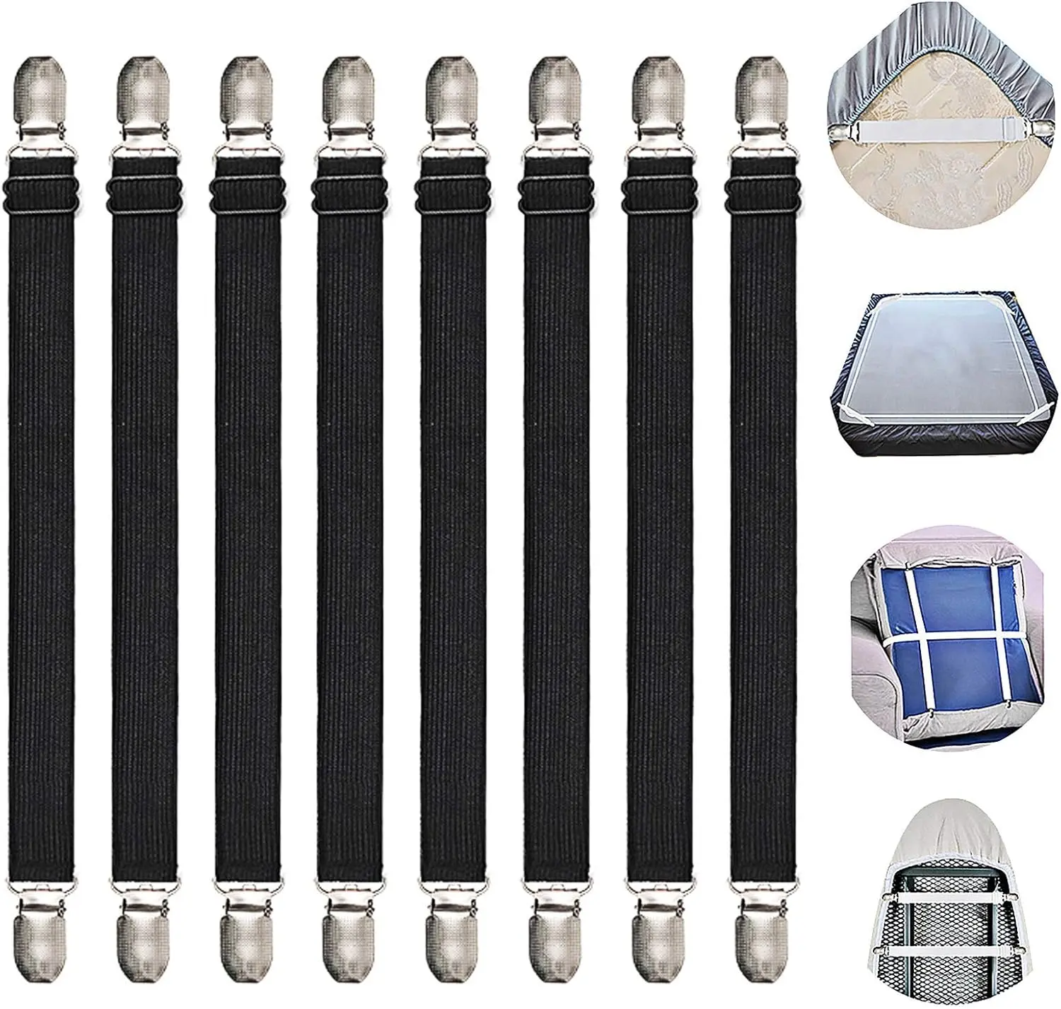 Adjustable Bed Sheet Straps Suspenders Elastic Sheet Fasteners Grippers Garters Clips for Flat & Fitted Sheet Corner Holder,Ironing Board Cover, Mattress, , Sofa Cushion& More(Short type--8 pack)