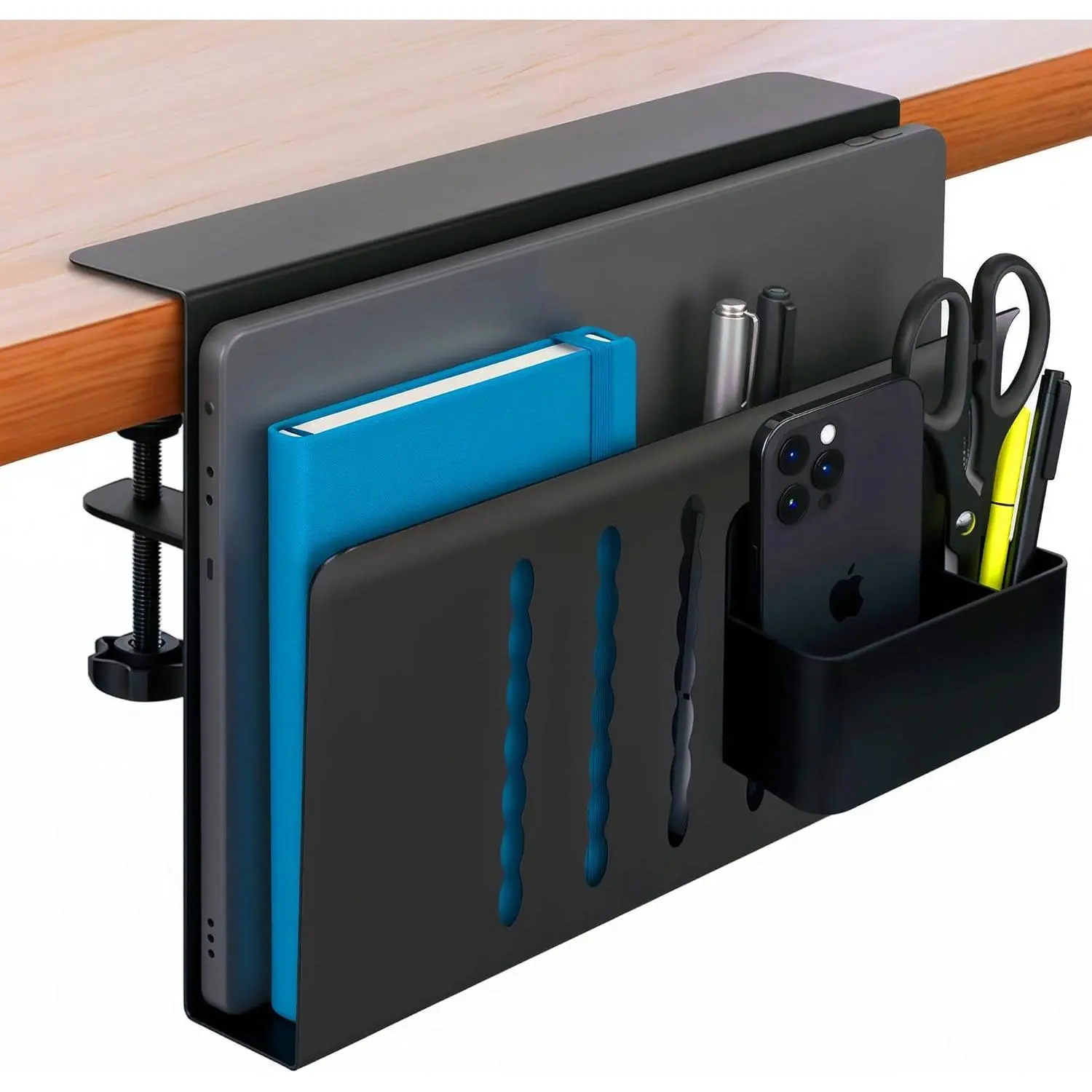 Black desk side storage steel desk organizer clamp-on laptop mount with magnetic pen holder, no drilling required, under-desk laptop holder, table hanging storage for home and office organization