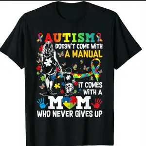 Autism Mom "Doesn’t Come With A Manual" Puzzle Ribbon Graphic Cotton T-Shirt, Inspirational Comfort Outfit, Perfect Mother's Day Autism Awareness Gift
