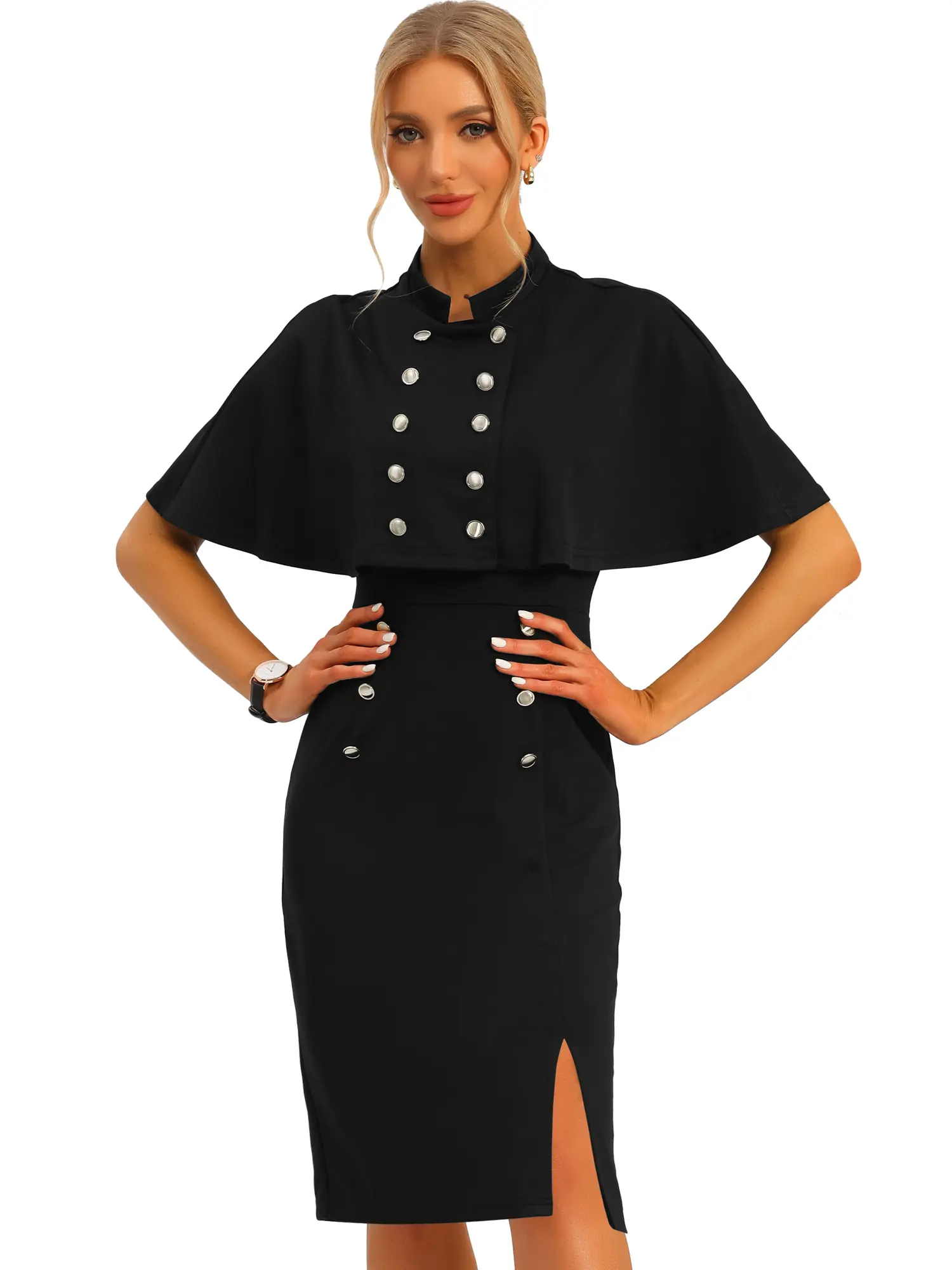 INSPIRE CHIC Elegant Formal Double Breasted Sheath Dress Set 2pcs with Cape