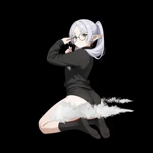Elf Frieren in Black Sweater Sticker – Frieren Silver-Haired Beauty with Glasses, Anime Waifu Stickers