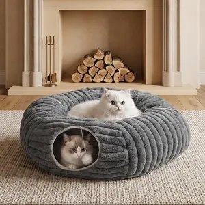 Tunnel Bed, Peekaboo Hideaway Cave for Indoor Cats, Machine Washable Kitten Bed,  Donut, Dachshund Tunnel Bed for Small Dogs, Upgraded Striped Hare Feel Fabric (Deep Grey)