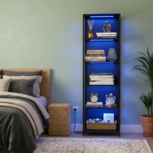 6-Tier LED Bookshelf, Dimmable LED Display Bookcase, Industrial Storage Shelf with Sturdy Steel Frame, Wood Grain Open Bookshelf, Freestanding Storage Organizer for Living Room Bedroom Office Home Decor, Black, 11.9*15.7*70.3 Inches