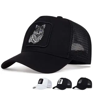2-PACK  embroidered wolf head breathable mesh back button hats with fabric labels, summer sun resistant mesh baseball caps