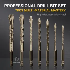7Pcs Multi-Material Cross Tip Drill Bits, 1/4" Hex Shank Alloy Drill Bits with U-Type Flute for Wood Tile Glass Brick Concrete