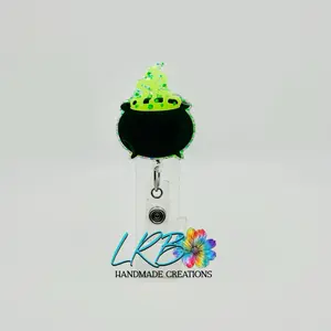 Bubbling Cauldron  Badge Reel – Glow in the Dark Halloween Badge Holder – Glitter Retractable ID Holder – Handmade Spooky Fall Gift - Teacher Lanyard - Nurse, Teacher, Office Accessory - Handmade Gift for Teachers, Nurses, & Office Staff