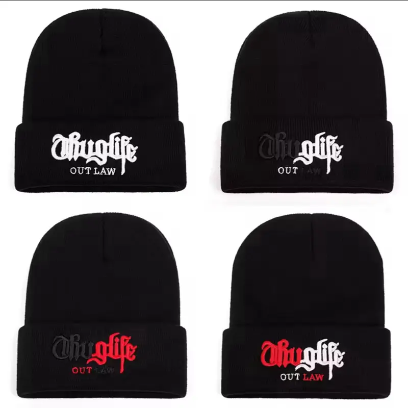 Thuglife Unisex Brimless Knit Beanie Hat Color Block Embroidered Life OUT LAW Design Lightweight Warm Winter Skull Cap for Men Women Casual Streetwear Fashion Cold Weather Gear Stylish Knitwear Nonelastic Fabric