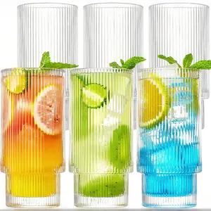 Ribbed Drinking Glasses Set of 6, 16 oz Vintage Glass Cups, Highball Glasses, Premium Iced Coffee Glasses, Clear Glass Tumbler, Cocktail Glasses, Elegant Glassware for Water Juice Whiskey Beer