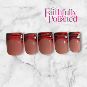 Faithfully Polished "Hottie" Red Tiger French Tip Press-On Nails Short- XXXL Length Square/ Curved Square Glossy Handmade Set with Rhinestone Accents