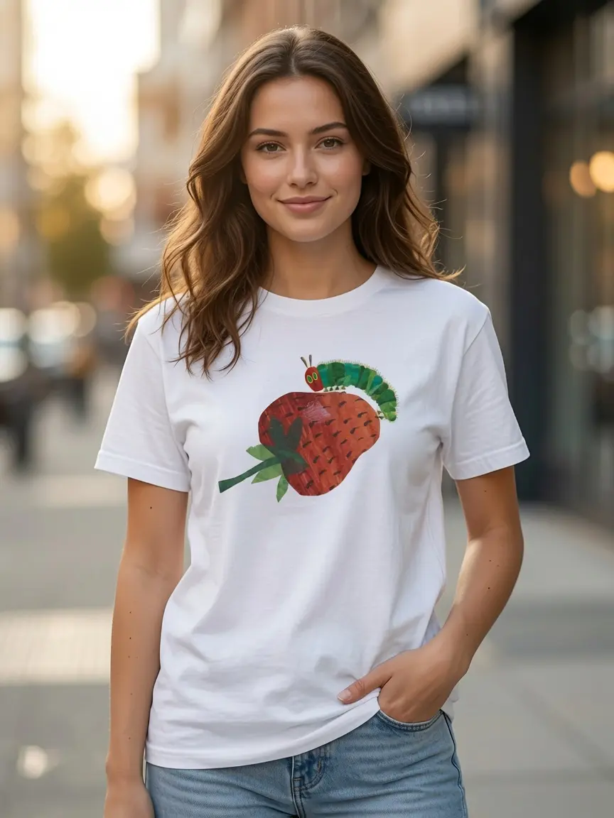Green Caterpillar on Strawberry Graphic T-Shirt, Cute Insect Art Tee, Nature Inspired Shirt, Whimsical Garden Design, Unisex Casual Streetwear