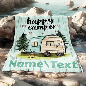 Personalized Camper Blanket Featuring Cheerful Camper Design, Ideal for Outdoor Use. This Lightweight Bedding Accessory Is Perfect for Travel, Camping, And Home Settings Like Living Rooms, Offices, Sofas