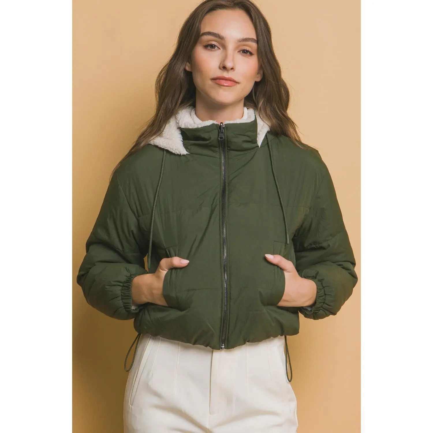 Love Tree Zip Up Cropped Hooded Sherpa Reversible Jacket coat outerwear