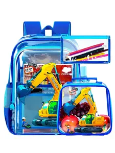 Kids Clear Backpack Set with Excavator Print, Transparent School Bag, Matching Lunch Bag & Pencil Pouch, See-Through Bookbag