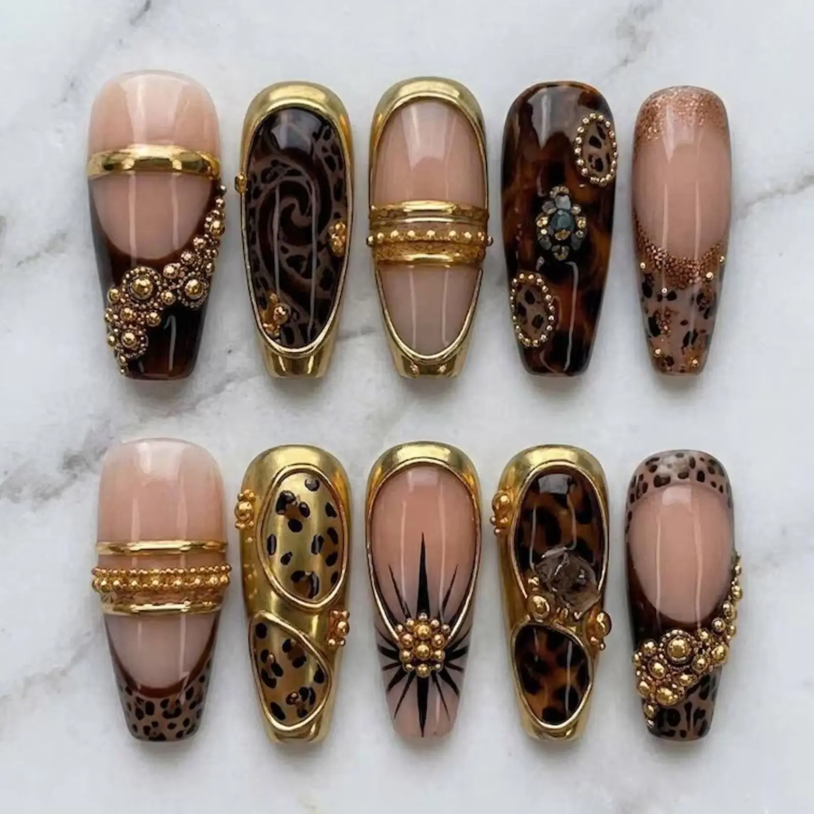 Luxury Leopard Gold Press On Nails | Brown French Tip Nails | Vintage Baroque Nail Set | 3D Gold Charm Nails